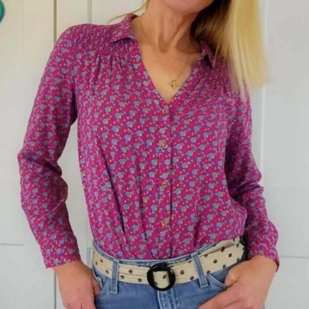 Maeve By Anthropologie Smock Shoulder 70s Button Down Purple Print Sz 4 OB754302